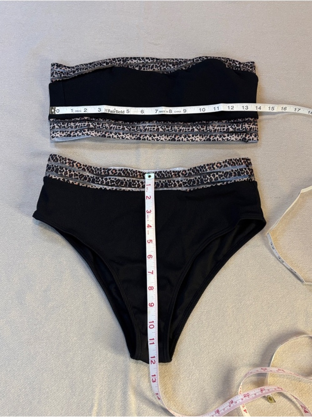 SHEIN Swim Black Bandeau Bikini Set with Leopard Trim Large